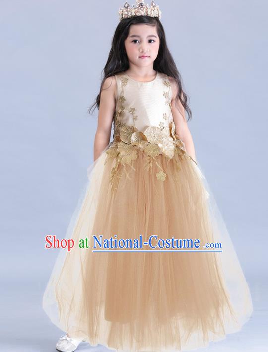 Top Grade Compere Professional Performance Catwalks Costume, Children Chorus Champagne Veil Wedding Formal Bubble Dress Modern Dance Baby Princess Ball Gown Long Dress for Girls Kids