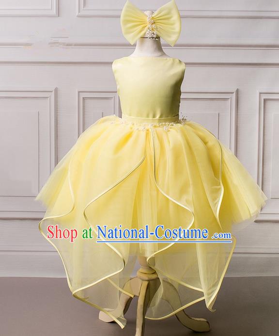 Top Grade Compere Professional Performance Catwalks Costume, Children Chorus Yellow Wedding Veil Formal Bubble Dress Modern Dance Baby Princess Ball Gown Short Dress for Girls Kids