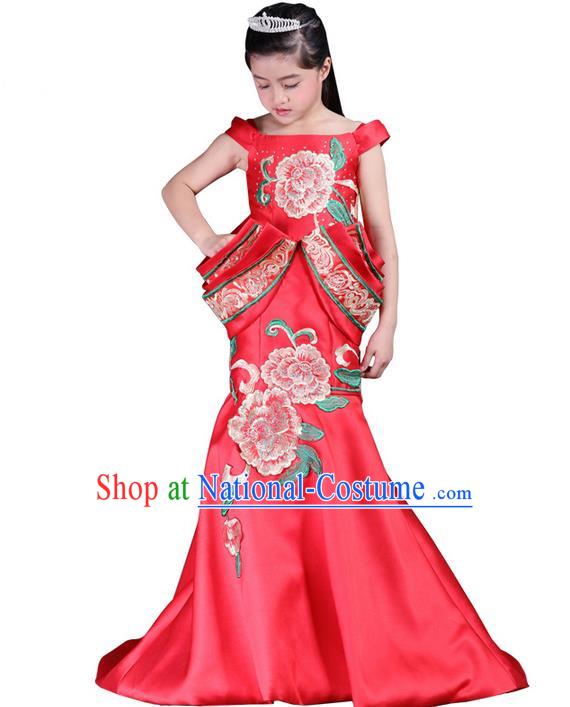 Top Grade Professional Compere Performance China Style Catwalks Costume, Children Chorus Singing Group Red Embroidery Peony Cheongsam Full Dress Modern Dance Fishtail Dress for Girls Kids