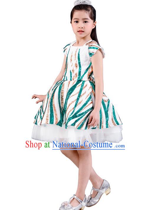 Top Grade Professional Compere Performance Catwalks Costume, Children Chorus Singing Group Green Paillette Bubble Full Dress Modern Dance Short Dress for Girls Kids