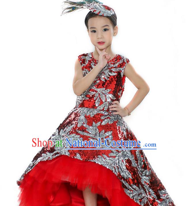 Top Grade Professional Compere Performance Catwalks Costume, Children Chorus Singing Group Red Paillette Bubble Full Dress Modern Dance Ball Gown Long Dress for Girls Kids