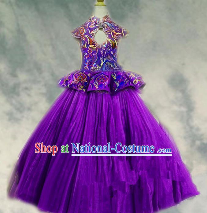 Top Grade Professional Compere Performance Catwalks Costume, Children Chorus Singing Group Purple Paillette Bubble Full Dress Modern Dance Ball Gown Long Dress for Girls Kids