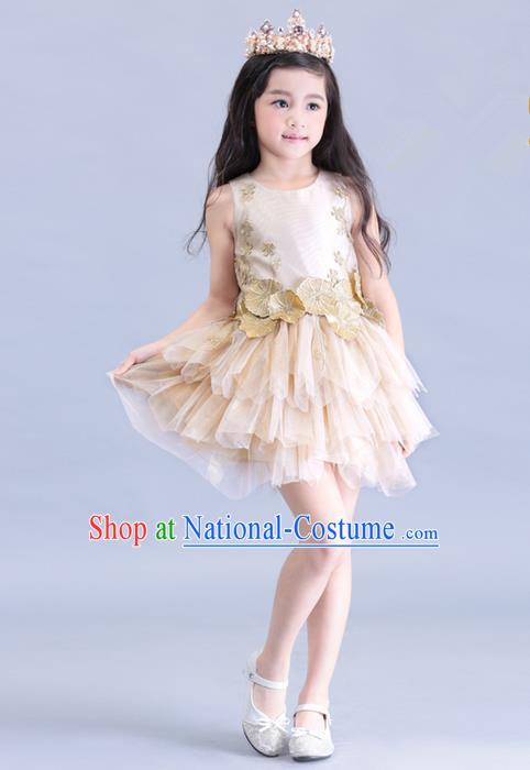 Top Grade Professional Compere Performance Catwalks Costume, Children Chorus Singing Group Champagne Bubble Full Dress Modern Dance Ball Gown Short Dress for Girls Kids