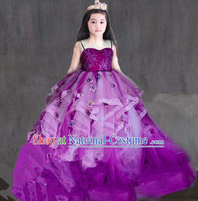 Top Grade Professional Compere Performance Catwalks Costume, Children Chorus Singing Group Purple Flowers Bubble Full Dress Modern Dance Ball Gown Long Trailing Dress for Girls Kids