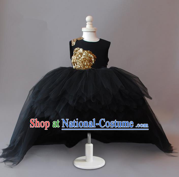 Top Grade Compere Professional Performance Catwalks Costume, Children Chorus Black Bubble Formal Dress Modern Dance Baby Princess Ball Gown Long Trailing Dress for Girls Kids