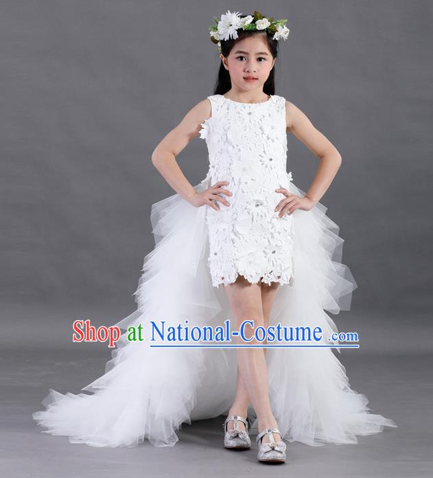 Top Grade Compere Professional Performance Catwalks Costume, Children Chorus White Lace Formal Dress Modern Dance Baby Princess Long Trailing Dress for Girls Kids