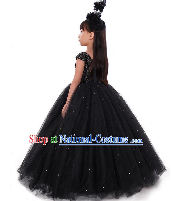 Top Grade Compere Professional Performance Catwalks Costume, Children Chorus Pearl Black Formal Dress Modern Dance Baby Princess Ball Gown Long Dress for Girls Kids