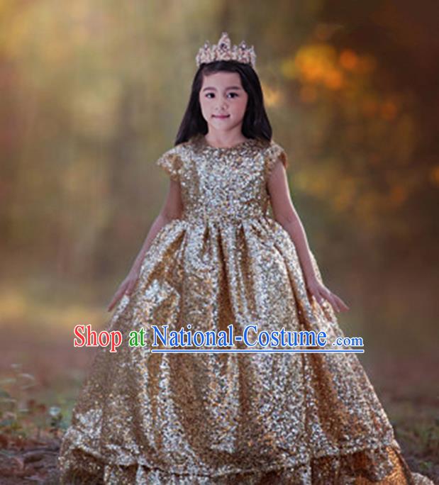 Top Grade Compere Professional Performance Catwalks Costume, Children Chorus Flower Fairy Gold Big Swing Wedding Veil Embroidery Formal Dress Modern Dance Baby Princess Ball Gown Long Trailing Dress for Girls Kids