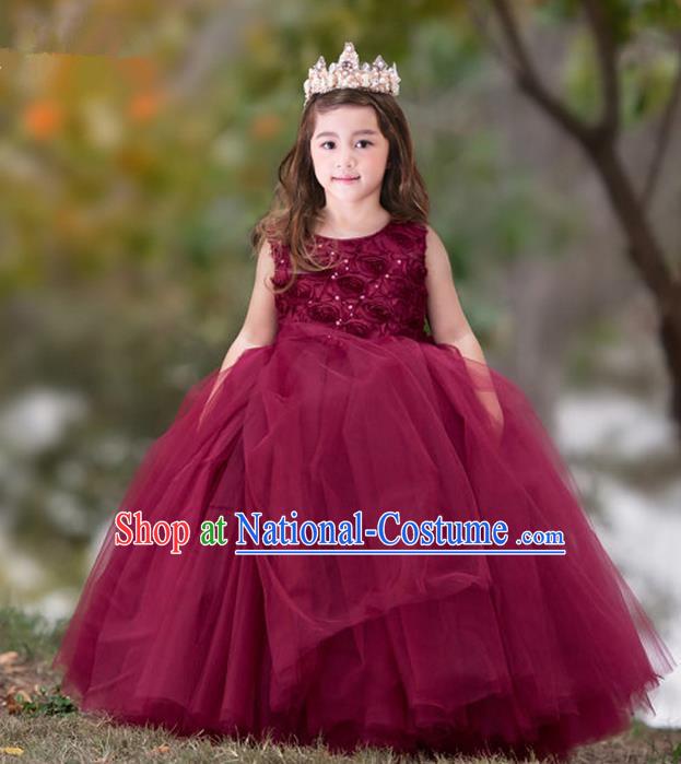 Top Grade Compere Professional Performance Catwalks Costume, Children Chorus Flower Fairy Wine Red Big Swing Wedding Veil Embroidery Formal Dress Modern Dance Baby Princess Ball Gown Long Trailing Dress for Girls Kids