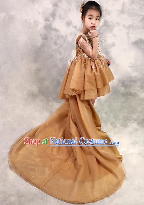 Top Grade Compere Professional Performance Catwalks Costume, Children Chorus Ostrich Feather Wedding Veil Formal Dress Modern Dance Baby Princess Ball Gown Long Trailing Dress for Girls Kids