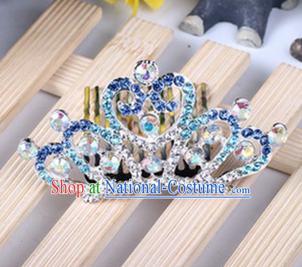 Top Grade Handmade Classical Hair Accessories, Children Baroque Style Blue Crystal Princess Royal Crown Hair Comb Jewellery for Kids Girls