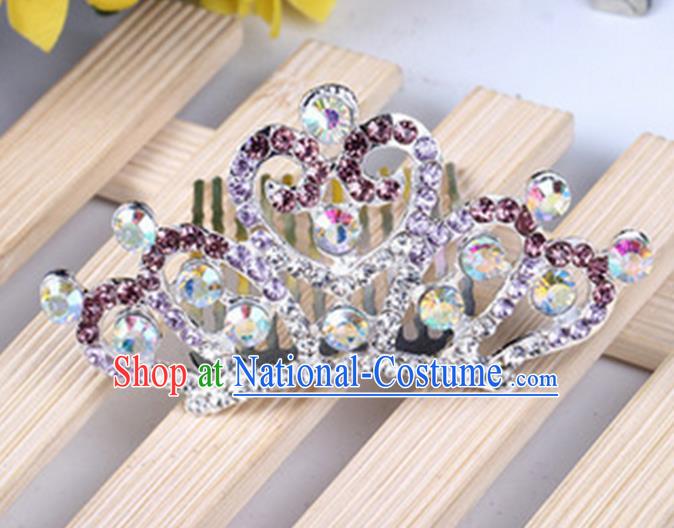 Top Grade Handmade Classical Hair Accessories, Children Baroque Style Purple Crystal Princess Royal Crown Hair Comb Jewellery for Kids Girls