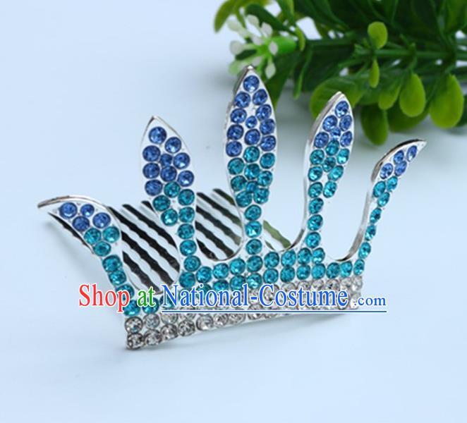 Top Grade Handmade Classical Hair Accessories, Children Baroque Style Blue Crystal Baby Princess Royal Crown Twist Inserted Comb Hair Comb Jewellery for Kids Girls