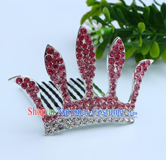 Top Grade Handmade Classical Hair Accessories, Children Baroque Style Pink Crystal Baby Princess Royal Crown Twist Inserted Comb Hair Comb Jewellery for Kids Girls