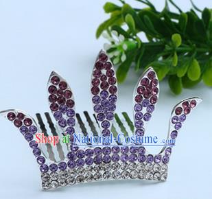 Top Grade Handmade Classical Hair Accessories, Children Baroque Style Purple Crystal Baby Princess Royal Crown Twist Inserted Comb Hair Comb Jewellery for Kids Girls