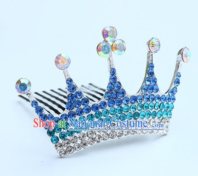 Top Grade Handmade Classical Hair Accessories, Children Baroque Style Blue Crystal Baby Princess Little Royal Crown Twist Inserted Comb Hair Comb Jewellery for Kids Girls