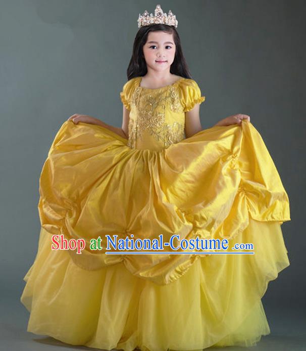 Top Grade Compere Professional Performance Catwalks Costume, Children Chorus Flower Fairy Yellow Wedding Veil Embroidery Formal Dress Modern Dance Baby Princess Ball Gown Long Trailing Dress for Girls Kids