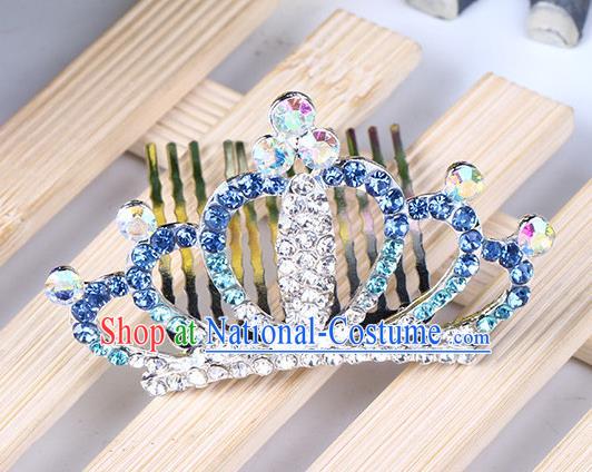 Top Grade Handmade Classical Hair Accessories, Children Baroque Style Blue Crystal Baby Princess Little Alloy Royal Crown Twist Inserted Comb Hair Comb Jewellery for Kids Girls