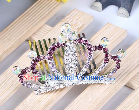 Top Grade Handmade Classical Hair Accessories, Children Baroque Style Purple Crystal Baby Princess Little Alloy Royal Crown Twist Inserted Comb Hair Comb Jewellery for Kids Girls