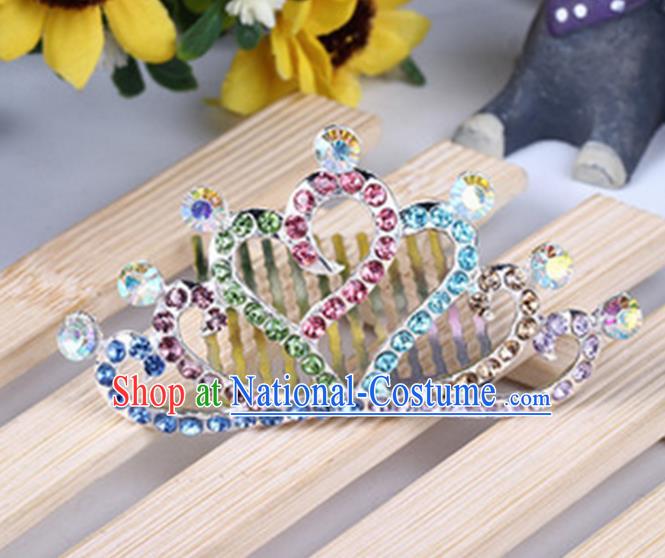 Top Grade Handmade Classical Hair Accessories, Children Baroque Style Colorized Crystal Baby Princess Little Alloy Heart-shaped Royal Crown Twist Inserted Comb Hair Comb Jewellery for Kids Girls