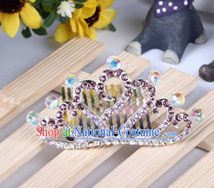 Top Grade Handmade Classical Hair Accessories, Children Baroque Style Purple Crystal Baby Princess Little Alloy Heart-shaped Royal Crown Twist Inserted Comb Hair Comb Jewellery for Kids Girls