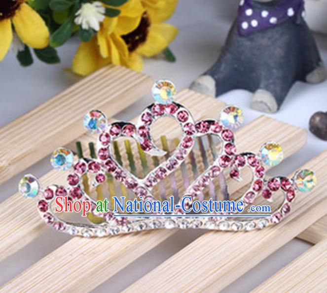 Top Grade Handmade Classical Hair Accessories, Children Baroque Style Pink Crystal Baby Princess Little Alloy Heart-shaped Royal Crown Twist Inserted Comb Hair Comb Jewellery for Kids Girls