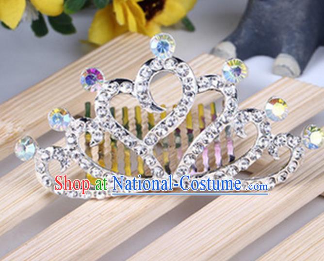 Top Grade Handmade Classical Hair Accessories, Children Baroque Style White Crystal Baby Princess Little Alloy Heart-shaped Royal Crown Twist Inserted Comb Hair Comb Jewellery for Kids Girls