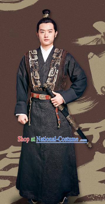 Traditional Ancient Chinese Housecarl Costume and Handmade Headpiece Complete Set, Chinese Television Concubine Meng Comes Across Knight Tang Dynasty Imperial Bodyguard Clothing for Men