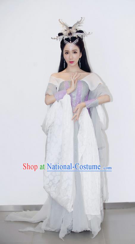 Traditional Ancient Chinese Princess Flying Dance Costume and Handmade Headpiece Complete Set, Chinese Tang Dynasty Princess Dress Imperial Consort Peri Clothing for Women