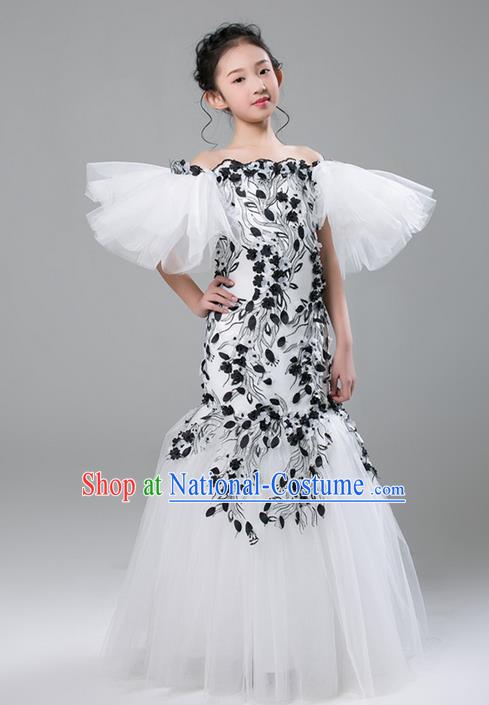 Top Grade Compere Professional Performance Catwalks Costume, Children Chorus White Fishtail Formal Dress Modern Dance Baby Princess Modern Fancywork Ball Gown Long Mermaid Dress for Girls Kids