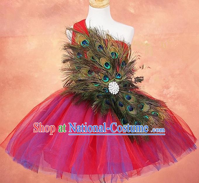 Top Grade Compere Professional Performance Catwalks Costume, Children Chorus Peacock Feathers Formal Dress Modern Dance Baby Princess Modern Fancywork Bubble Dress for Girls Kids