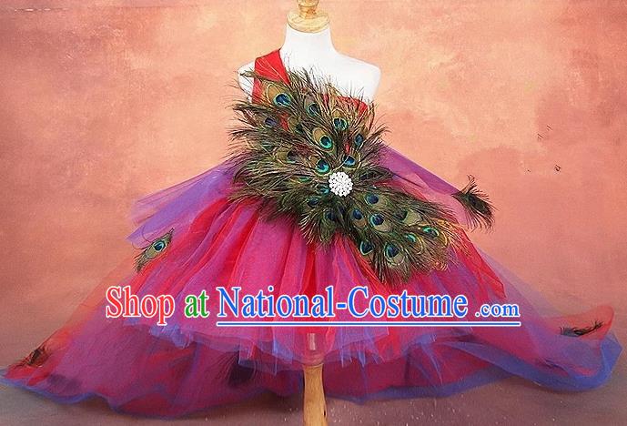 Top Grade Compere Professional Performance Catwalks Costume, Children Chorus Peacock Feathers Formal Dress Modern Dance Baby Princess Modern Fancywork Long Trailing Dress for Girls Kids