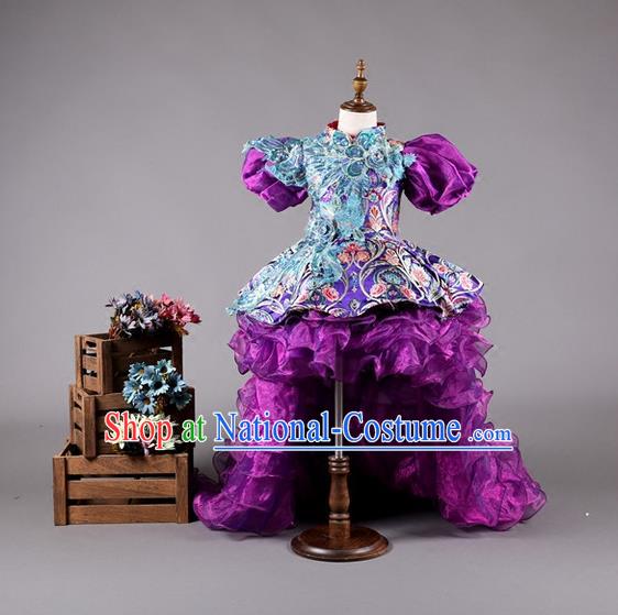 Top Grade Compere Professional Performance Catwalks Costume, China Tang Suit Cheongsam Children Chorus Formal Dress Modern Dance Baby Princess Modern Fancywork Long Trailing Dress for Girls Kids