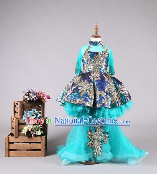 Top Grade Compere Professional Performance Catwalks Costume, Children Chorus Wedding Blue Long Trailing Bubble Full Dress Modern Dance Baby Princess Modern Fancywork Ball Gown Dress for Girls