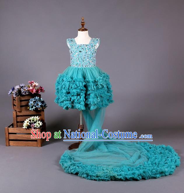 Top Grade Compere Professional Performance Catwalks Costume, Children Chorus Blue Long Trailing Wedding Bubble Full Dress Modern Dance Baby Princess Modern Fancywork Ball Gown Dress for Girls