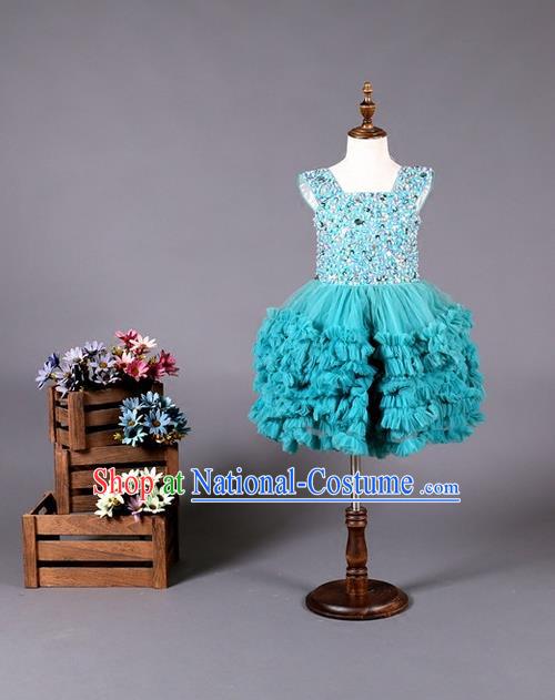 Top Grade Compere Professional Performance Catwalks Costume, Children Chorus Blue Wedding Bubble Full Dress Modern Dance Baby Princess Modern Fancywork Ball Gown Dress for Girls