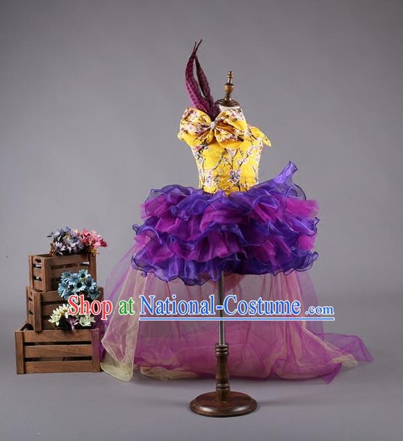 Top Grade Compere Professional Performance Catwalks Costume, China Tang Suit Cheongsam Children Chorus Bubble Full Dress Modern Dance Baby Princess Modern Fancywork Ball Gown Long Trailing Dress for Girls