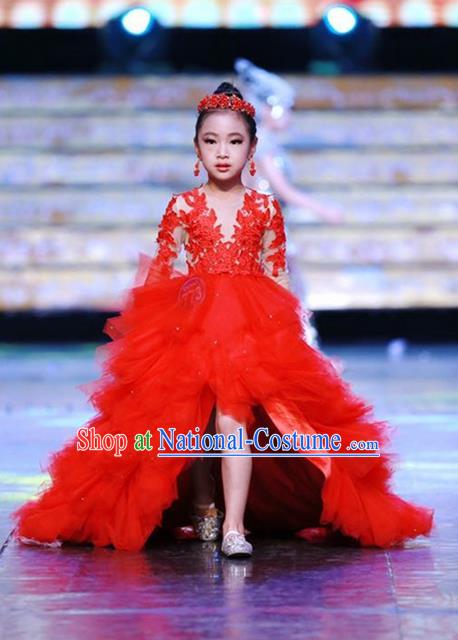 Top Grade Compere Professional Performance Catwalks Costume, China Tang Suit Cheongsam Children Chorus Red Wedding Bubble Full Dress Modern Dance Baby Princess Modern Fancywork Ball Gown Long Trailing Dress for Girls