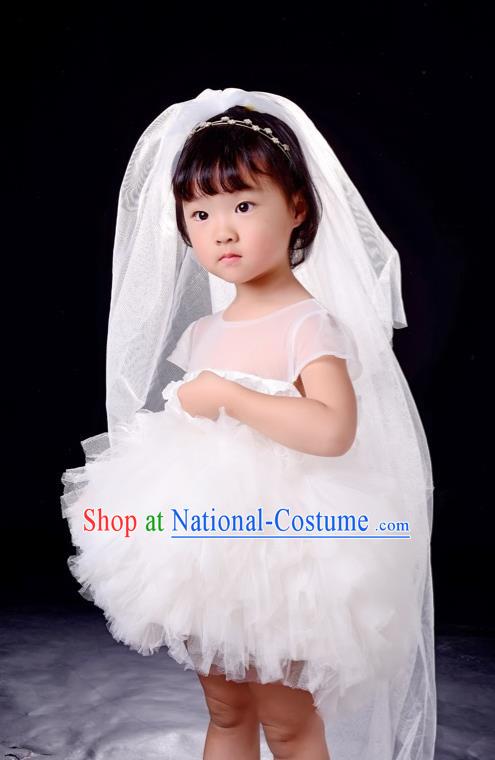 Top Grade Compere Professional Performance Catwalks Costume, Children Chorus White Bubble Formal Dress Modern Dance Baby Princess Modern Fancywork Long Trailing Dress for Girls Kids