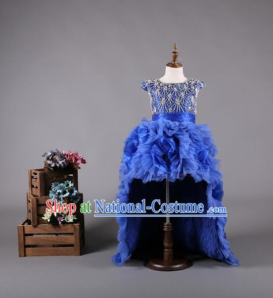 Top Grade Compere Professional Performance Catwalks Costume, Children Chorus Blue Bubble Formal Dress Modern Dance Baby Princess Ball Gown Modern Fancywork Long Trailing Dress for Girls Kids