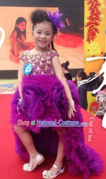 Top Grade Compere Professional Performance Catwalks Costume, Children Chorus Purple Bubble Formal Dress Modern Dance Baby Princess Ball Gown Modern Fancywork Long Trailing Dress for Girls Kids