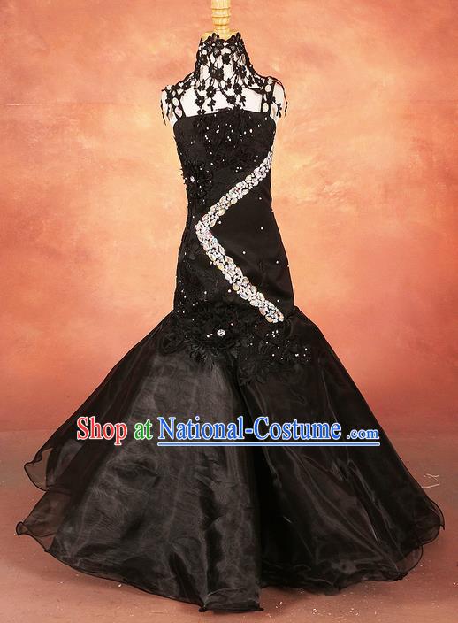 Top Grade Compere Professional Performance Catwalks Costume, Children Chorus Black Fishtail Formal Dress Modern Dance Baby Princess Mermaid Full Dress Modern Fancywork Long Dress for Girls Kids