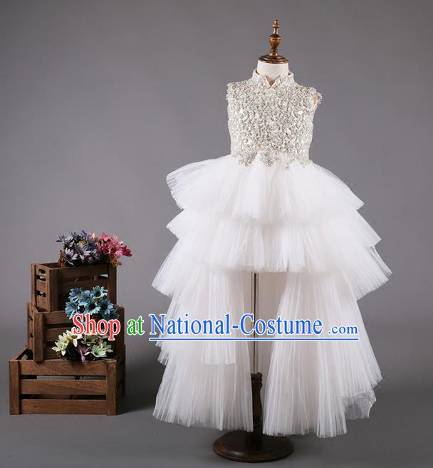 Top Grade Compere Professional Performance Catwalks Costume, Children Chorus White Bubble Full Dress Modern Dance Baby Princess Modern Fancywork Long Trailing Dress for Girls Kids