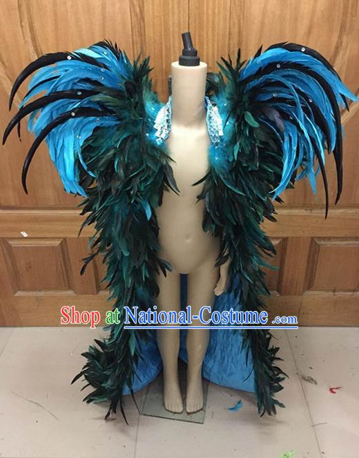 Top Grade Compere Professional Performance Catwalks Swimsuit Costume, Children Chorus Blue Feather Formal Dress Modern Dance Modern Fancywork Long Trailing Dress for Boys Kids