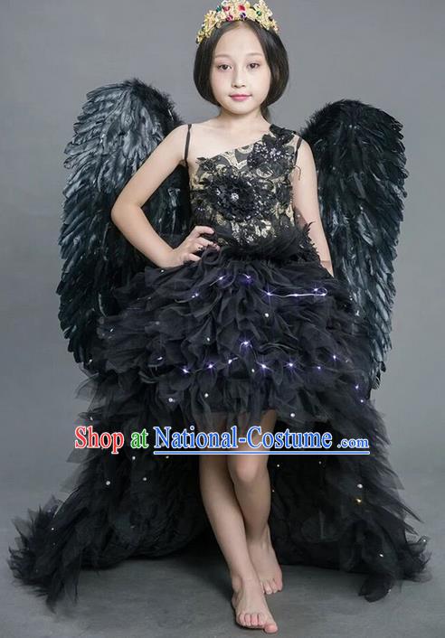 Top Grade Compere Professional Performance Catwalks Costume, Children Chorus Black Feathers Bubble Full Dress With Wings Modern Dance Baby Princess Modern Fancywork Ball Gown Long Trailing Dress for Girls Kids