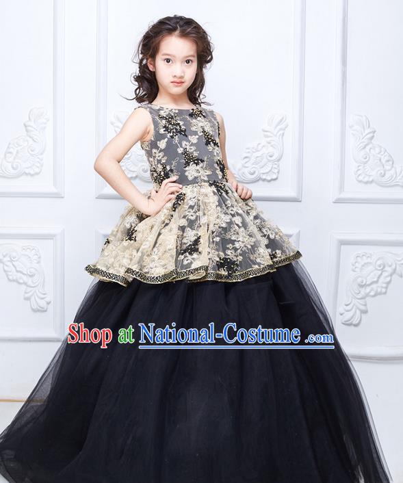 Top Grade Compere Professional Performance Catwalks Costume, Children Chorus Black Bubble Full Dress With Wings Modern Dance Baby Princess Modern Fancywork Ball Gown Long Dress for Girls Kids