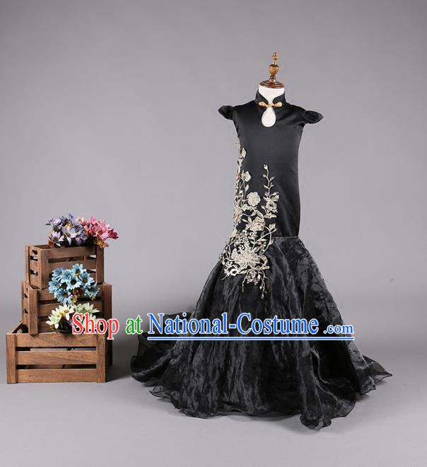 Top Grade Compere Professional Performance Catwalks Costume, China Tang Suit Black Cheongsam Children Chorus Fishtail Full Dress Modern Dance Baby Princess Modern Fancywork Mermaid Long Trailing Dress for Girls Kids