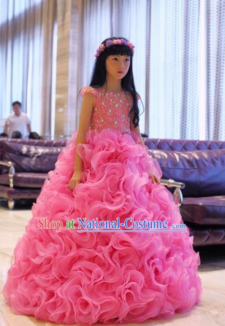 Top Grade Compere Professional Performance Catwalks Costume, Children Chorus Pink Full Dress Modern Dance Baby Princess Modern Fancywork Mermaid Long Bubble Dress for Girls Kids