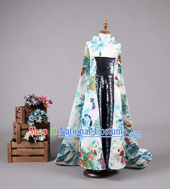 Top Grade Compere Professional Performance Catwalks Costume, Children Chorus China Style Cheongsam Full Dress Modern Dance Baby Princess Modern Fancywork Long Trailing Dress for Girls Kids