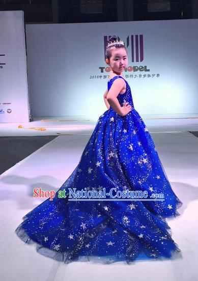 Top Grade Compere Professional Performance Catwalks Costume, Children Chorus Blue Wedding Full Dress Modern Dance Baby Princess Modern Fancywork Long Trailing Dress for Girls Kids